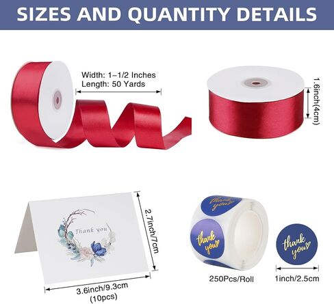 1-1/2 inch Wine Red Solid Satin Ribbon with Thank You Cards & Stickers,50 Yards Ribbon for Bows Bouquet,Gift Wrapping,Wedding,Floral Arrangement,Christmas Decorations in Saudi Arabia