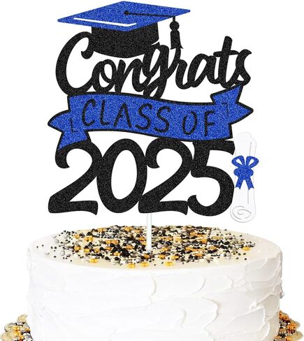 Congrats Class of 2025 Cake Topper Congrats Grad Cap Diploma Theme for High School Happy Graduation Party Supplies College Graduate Decoration (Black and Blue) in Kuwait