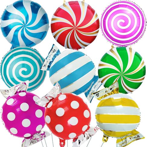 Sweet Candy Balloons Set – 9Pcs 18 Inch Foil Round Lollipop Balloon for Christmas, Halloween & Thanksgiving Party Decor – Durable Candyland Balloons for Birthday, Baby Shower (Style-1) in Saudi Arabia