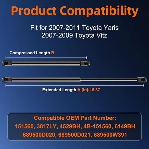 Qty (2) Liftgate Replacement Lift Support for Toyota Yaris with Rear Wiper 2007-2011 Tailgate Rear Hatch, Trunk Shock Strut Fit for Toyota Vitz 2007-2009 Replace OE# 689500D020, 4B-151560 in Saudi Arabia
