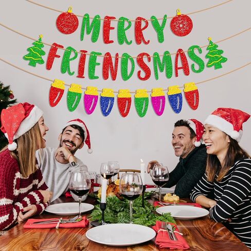 Tellpet Merry Friendsmas Banner Friendsmas Party Decorations, Colorful Light Bulb Banner for Friends Themed Christmas Party Decor in Saudi Arabia
