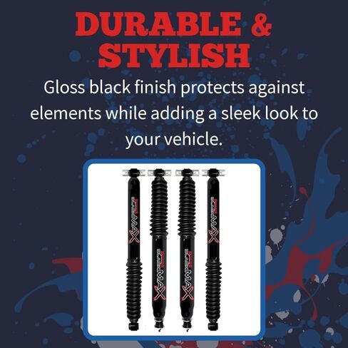 Set of Black Max Series Front & Rear Hydraulic Action Shocks fits 1997 2006 Wrangler TJ Unlimited Rubicon 4WD with 6-9" Front & 6-8" Rear Lift | Multi-Stage Valving | Gloss Black Finish in Saudi Arabia