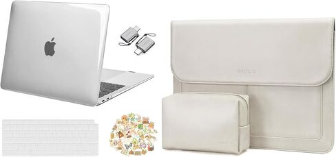 حقيبة كمبيوتر محمول MOSISO مقاس 13 بوصة من جلد البولي يوريثان مع حامل وحقيبة ومتوافقة مع حقيبة MacBook Air 13 بوصة 2022-2018 M1 A2179 A1932، وغطاء لوحة المفاتيح وملصقات الكمبيوتر المحمول ومحول من النوع C، شفاف كريستالي وبيج in Saudi Arabia