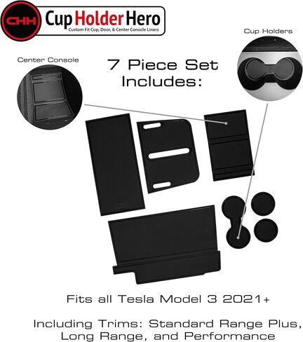 CupHolderHero يناسب ملحقات Tesla Model 3 2021-2024+ الداخلية المخصصة الممتازة غير القابلة للانزلاق المضادة للغبار حامل الأكواب، حصائر بطانة وحدة التحكم المركزية، بطانات جيب الباب مجموعة 15 قطعة (أسود خالص) in Kuwait