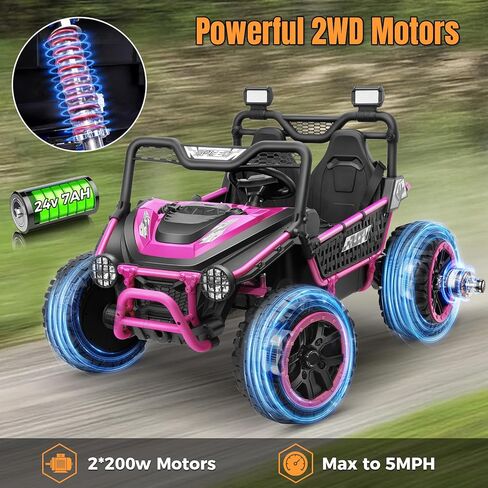 Hikole 24V Ride on Toys for Big Kids - 2 Seater XXL Electric UTV with Remote Control, 22" Wide Seat, Metal Frame & Spring Suspension, Key Start, All-Terrain Power Car Wheels for Ages 4-8, Pink in Saudi Arabia