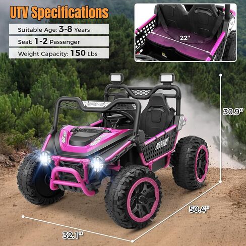 Hikole 24V Ride on Toys for Big Kids - 2 Seater XXL Electric UTV with Remote Control, 22" Wide Seat, Metal Frame & Spring Suspension, Key Start, All-Terrain Power Car Wheels for Ages 4-8, Pink in Saudi Arabia