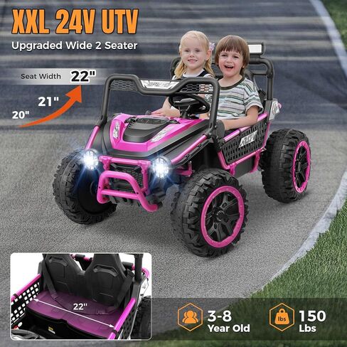 Hikole 24V Ride on Toys for Big Kids - 2 Seater XXL Electric UTV with Remote Control, 22" Wide Seat, Metal Frame & Spring Suspension, Key Start, All-Terrain Power Car Wheels for Ages 4-8, Pink in Saudi Arabia