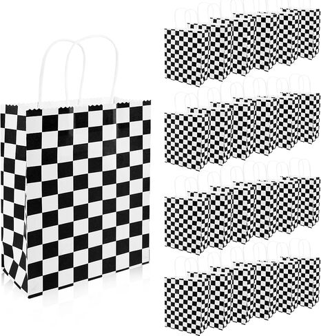 Mikzhskr 12 قطعة من حقائب هدايا حفلات سيارات السباق مع مقابض كلاسيكية باللونين الأبيض والأسود ذات علم مربعات وحلوى حلوى جودي هدية من أكياس ورق الكرافت لتزيين حفلات أعياد الميلاد ذات الطابع السريع in Kuwait