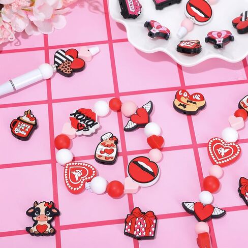 12Pcs Valentine Silicone Focal Beads Red Love Heart XOXO Loose Rubber Beads for Wedding Anniversary DIY Crafts Pen Keychain Making in Saudi Arabia