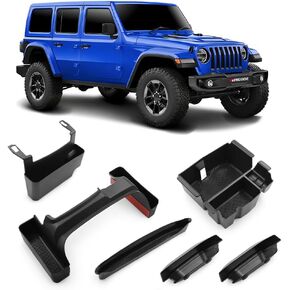 VEHICODE 6pcs Center Console Organizers Accessories for Jeep Wrangler JL/JLU 2018-2024 2/4 Door and Gladiator JT 2020-2023 Middle Armrest Tray Hanging Storage Box Grab Handle Container 2022 2021 2019