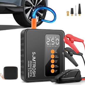 SJMTROSH Jump Starter with Air Compressor, 2500A Battery Booster Up to 8L Gas and 7L Diesel Engines 12V Auto Battery Portable Jump Box Pack with 150PSI Digital Auto Tire Inflator USB QC3.0a LED