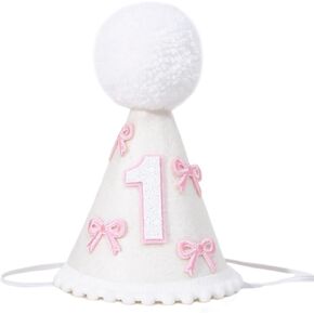 Bow 1st Birthday Hat - Girls First Birthday Party Decorations,Pink Bow White Cone Hat,Baby Cake Smash Party Decoration For 1st Birthday,Girls Bow Party Crown Photo Props