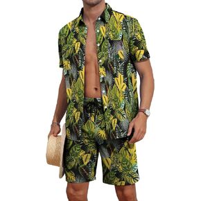 YTD Mens Flower Hawaiian 2 Piece Outfit Sets Short Sleeve Beach Casual Button Down Shirt and Shorts Suits
