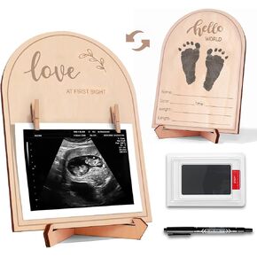 PDRYLY Wooden Ultrasound Picture Frame, Pregnancy Announcement Sonogram Photo Frame, Baby Announcement newbron sign with ink pad and pen, Pregnancy Gift For First Time Moms