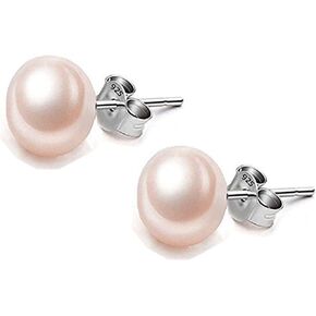 925 Sterling Silver AAA Genuine Freshwater Cultured Pearl White Black Pink Button Stud Earrings for Women7.5-8mm