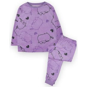 Pusheen Girls Pyjama Set | Young Ladies Purple Baby Fleece Loungewear Long Sleeve T-Shirt & Long Leg Pants Complete PJs
