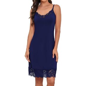 Women's Full Slips Adjustable Spaghetti Strap Lace Cami Slip Dress Satin Chemise Sexy V Neck Nightgown