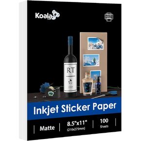 Koala 100 Sheets Sticker Paper Matte White, 8.5x11 Inch Printable Full Sheet Label Paper for Inkjet Printers