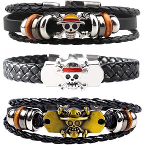 Nuahyaz 3Pcs Anime Leather Bracelets, Skull Punk Alloy Cuff Wristband