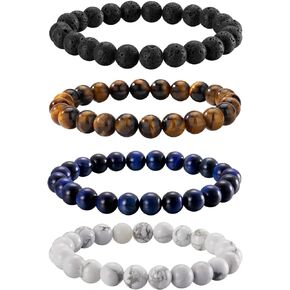 Senteria 3/4Pcs 8mm Mens Beaded Bracelets Elastic Tigers Eye Bracelet Set Natural Stone Black Crystal Beaded Bracelets for Men Women