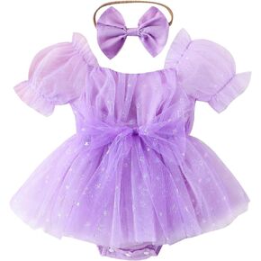 Eaerobc Infant Baby Girl Romper Dress Shiny Stars Mesh Short Puff Sleeve Jumpsuits Princess Outfits