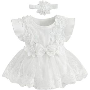 Newborn Baby Girl Romper Dress Ruffle Sleeve Mesh Dress Toddler Lace Dress Jumpsuits with Headband