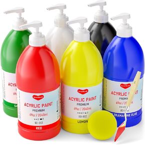 15 Colors Large Acrylic Paint Set (33.8 oz,1000 ml) - Smallbudi Art Painting Bulk Supplies for Multi Surface Canvas Wood Leather Fabric Rock Craft, Non Toxic Paint for Kid & Adult with Press Pump &