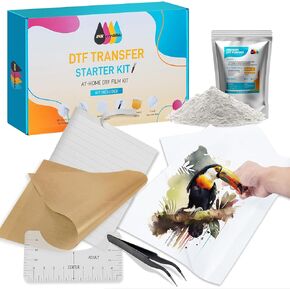 DTF Transfer Powder Film Kit for DTF Sublimation Printer,All-in-1 DTF Starter Kit- 8.8oz White Digital Hot Melt Adhesive &15 Direct to Film Pretreat Iron-on Transfer Paper Fabric