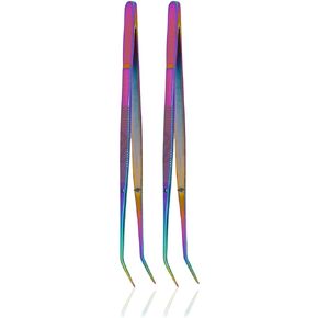 Titanium Rainbow Color Stainless Steel Tweezers, with Curved Serrated Tip Multipurpose Tweezers Sewing Machine Tweezers Forceps for Craft Repairing (2PCS),Multi Titanium Rainbow Color,6