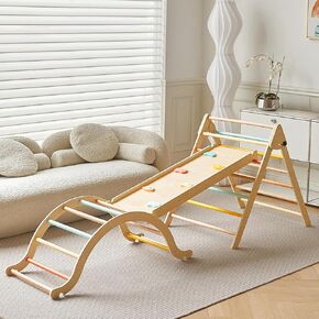 Giant bean Pickler-3 Piece Climbing Gym, Pastel 5 in 1 Pikler Triangle Set, Foldable Wooden Toddler Climbing Toys Indoor, Playground Jungle Gym for Kids Age 3-6, Montessori Climbing Set