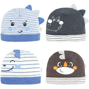 DOKMA Organic Cotton Toddler Hat Set 4 with Cute Dinosaur Design for Baby Boy, Baby Girl 0-6 Months