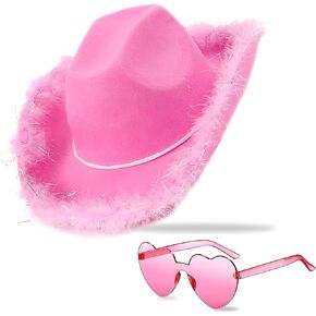 JICASTO Cowboy Hat Pink Cowgirl Hat with Sequins & Tiara Crown for women Rodeo Party Hats with Heart Glasses