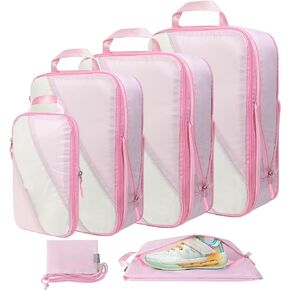 Compression Packing Cubes Set of 6, Travel Luggage Organizer for Suitcase, Packing Organizers for Travel Accessories, Breathable See Through Mesh, Durable Lightweight with Shoe Bags