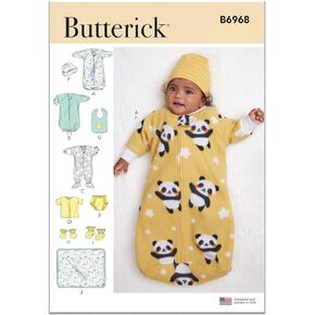 Butterick Infants' Bunting, Jumpsuit, Shirt, Diaper Cover, Hat, Bib, Mittens, Booties and Blanket Sewing Pattern Kit, Design Code B6968, Sizes XXS-XS-S-M-L, Multicolor
