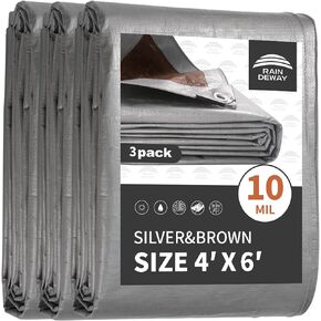 Tarps Heavy Duty Waterproof 6x8 Feet, 10Mil Multipurpose Small Tarp Cover with Metal Grommets and Reinforced Edges, Silver/Brown Tarp by RAINDEWAY