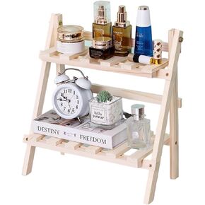 QruiLanTu 2 Tier Foldable Ladder Plant Stand Desktop Shelf Organizer Rack Wooden Display Risers for Selling L 13.3 x H 13.8 x D 7.1 inches