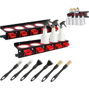 2 Set Spray Bottle Storage Rack,Wall Mount Spray Can Holder Garage Bottle Organizer, Hanging Rail Car Beauty Shop Accessory Display Auto Cleaning Detailing Tools Hanger with Car Cleaning Brush Kits