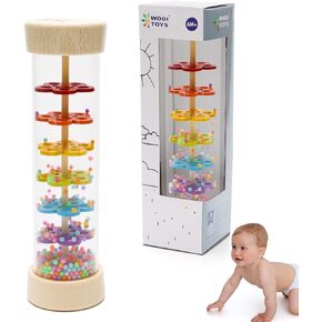 COITEK Baby Rain Stick, 7.7’’ Wooden Rainmaker Toy for Baby 6-12 Months, Rainbow Rain Sticks for Kids, Rain Stick Rattle Shaker Baby Toys, Toddlers Sensory Developmental Toy