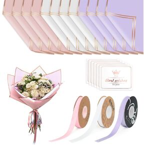 OPUHOHR 60 Sheets Flower Wrapping Paper, Florist Bouquet with Ribbon Greeting card for Bouquets DIY Crafts Packaging Bouquet, 22x22 inch