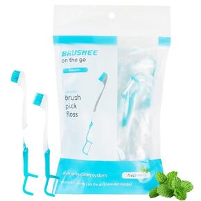 Brushee - The Evolution of Oral Care | 3-in-1 Tool (Pre-Pasted Mini-Brush + Floss + Pick) | Individually Wrapped | Disposable | Prepasted Travel Toothbrushes | Small Adult Toothbrush - (24-Pack)