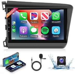 Android Car Stereo for Honda Civic 2012-2015,Car Radio Wireless Carplay Android Auto,2G+64G 9’’ Head Unit Touch Screen with GPS WiFi Bluetooth Mirror Link FM RDS Backup Camera Mic