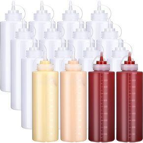 Hoolerry 16 Pieces 32 oz Squeeze Bottle Plastic Condiment Squeeze Bottles with Twist on Cap Lids and and Discrete Measurement Salad Dressing Squirt Bottles for Cooking Ketchup Dispenser for Sauces