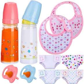 Shappy 10 Pcs Baby Doll Accessories Set Include Disappearing Milk and Juice Bottles, Pacifier, Bibs, Diapers, Baby Doll Feeding Set, Toy Baby Bottles for Dolls for Girls Christmas Birthday Gift