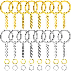 200PCS Flat Key Chain Rings Kit, 50PCS Silver and 50PCS Gold Flat Key Rings with Chain, 50PCS Silver and 50PCS Gold Open Jump Rings, Metal Keychain Rings Bulk for Resin, DIY Crafts and Jewelry Making