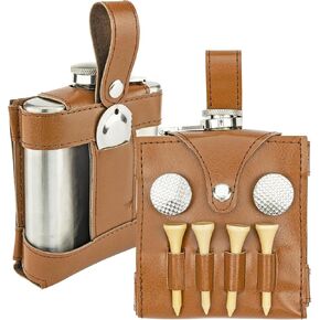 Fairly Odd Novelties ALL IN ONE SET 6oz Flask Spot Markers Hardwood Golf Tees Divot Tool Father's Day Dad Gift, Brown