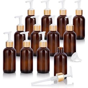 JUVITUS 4 oz / 120 ml Amber Glass Boston Round Bottle with Gold Lotion Pump + Funnel (4)
