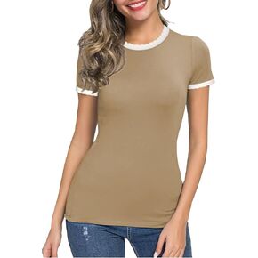 تي شيرت نسائي كاجوال من Angashion - 2024 بأكمام قصيرة وفتحة رقبة مستديرة وقصة ضيقة ومضلعة للصيف وبلوك أساسي تي شيرت أساسي in Kuwait