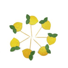 Gold Glitter Lemon Cupcake Toppers Fruits Theme Party, Lemonade Party Decor, Summer Cupcake Toppers Pack of 18