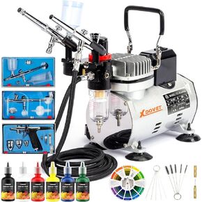 XDOVET Airbrush with Cooling Dual-Fan Air Storage Tank Compressor System Kit Professional Airbrushing Paint System with 1/5 HP Air Compressor and 3 Airbrush Kits - 6 Colors Acrylic Paint Artist Set