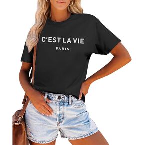 C'est La Vie T-Shirt Graphic Tees for Women Paris Shirts Oversized Baggy Trendy Summer Short Sleeve Loose Fit Top